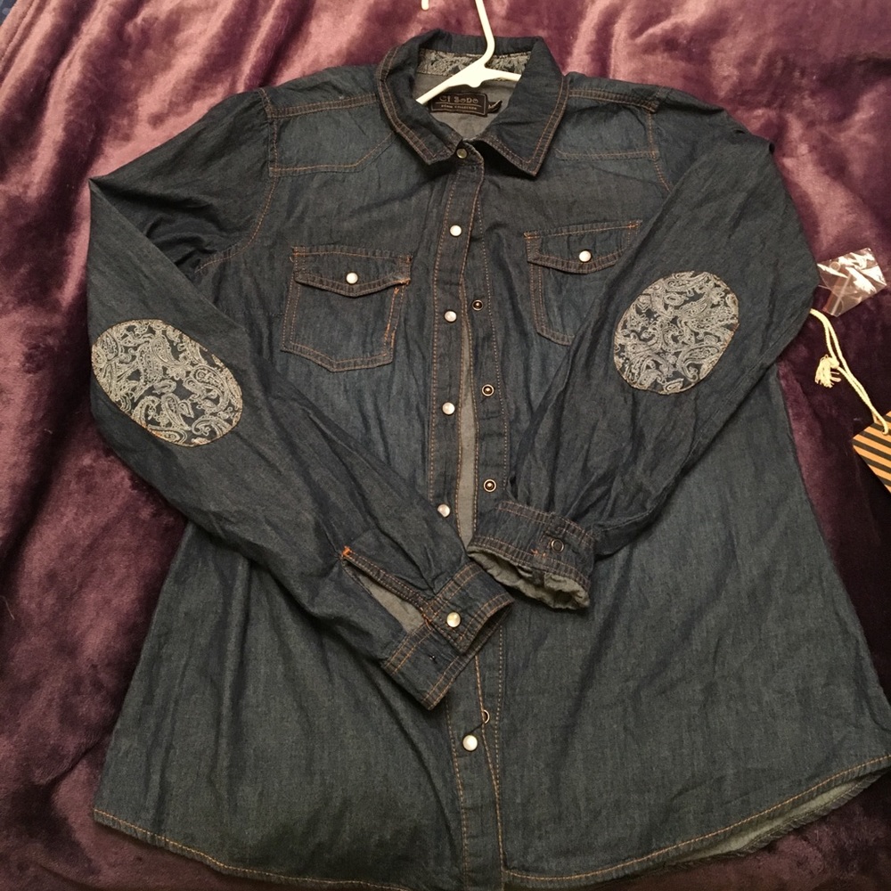 Denim top with elbow patches