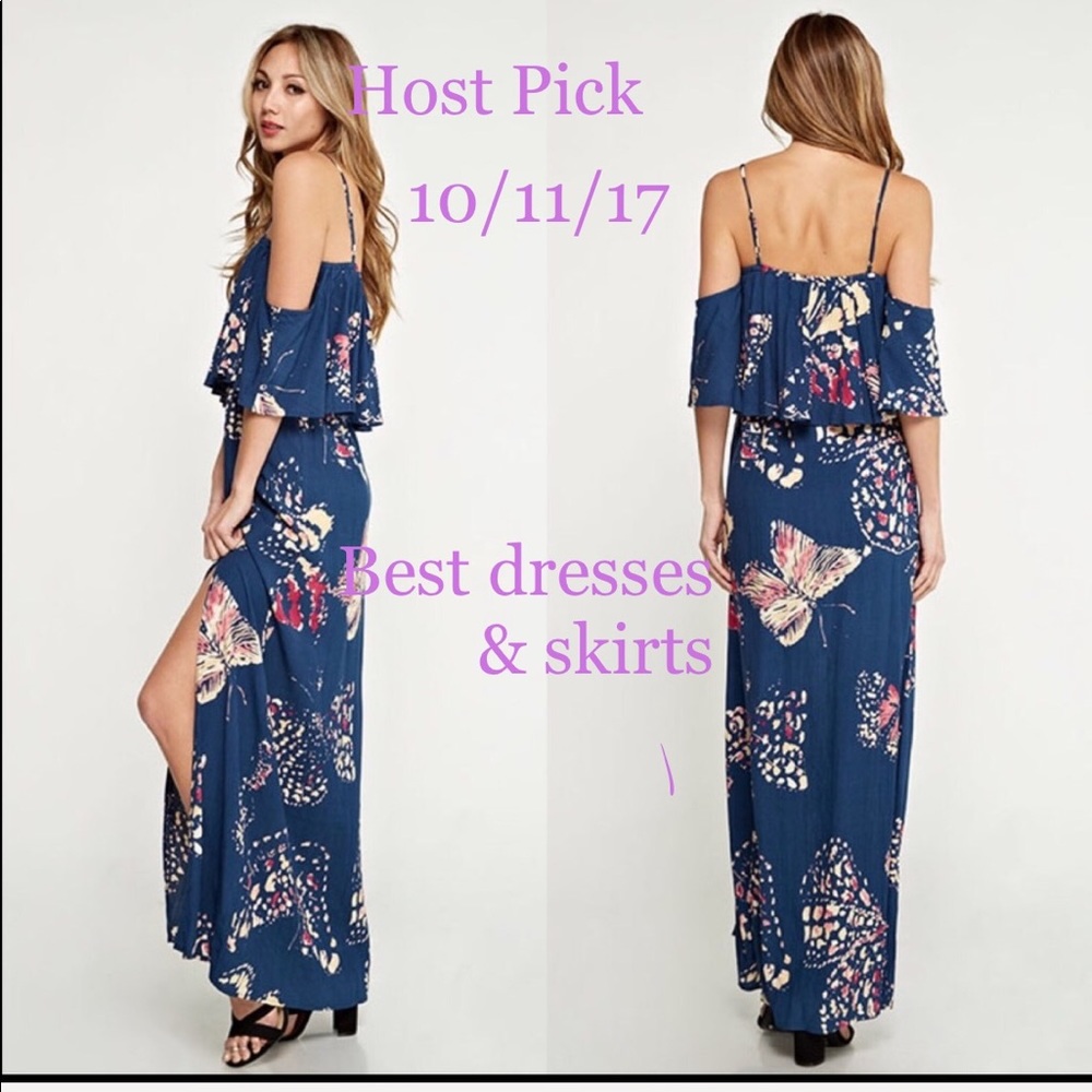 Blue floral cold shoulder maxi dress