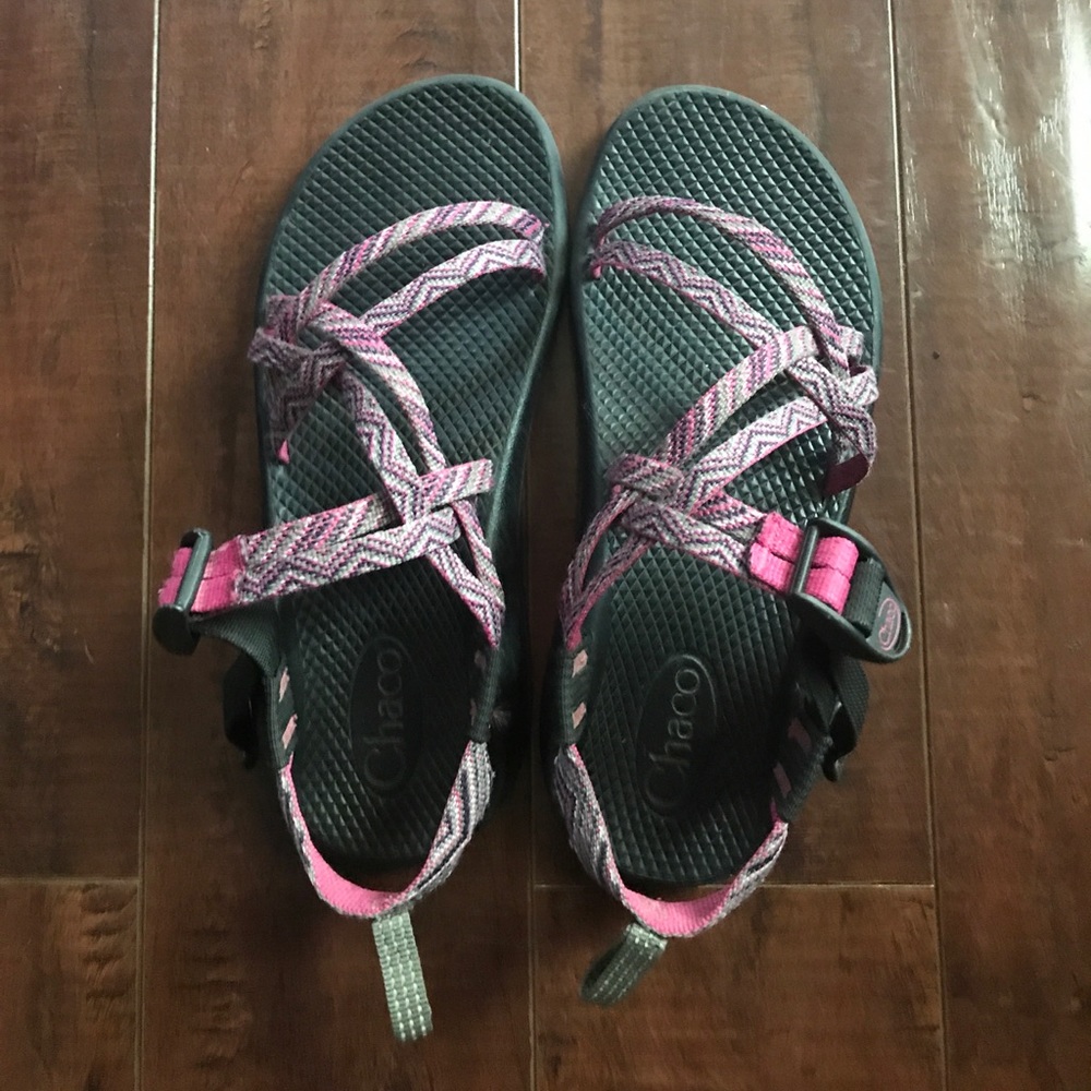 purple and pink chacos