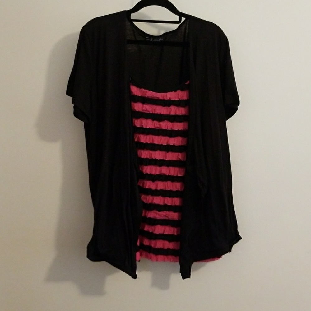 Pink and black ruffle stripe blouse
