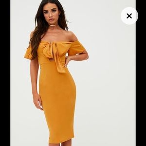 Mustard Bardot Tie Front Midi Dress