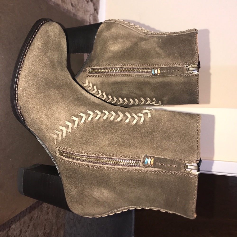 Brown braided suede ankle boots.