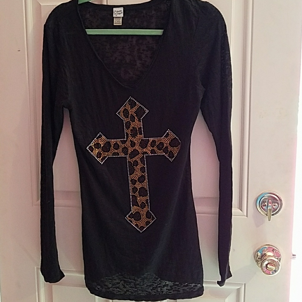 Cute long sleeve  burnout bling leopard cross top