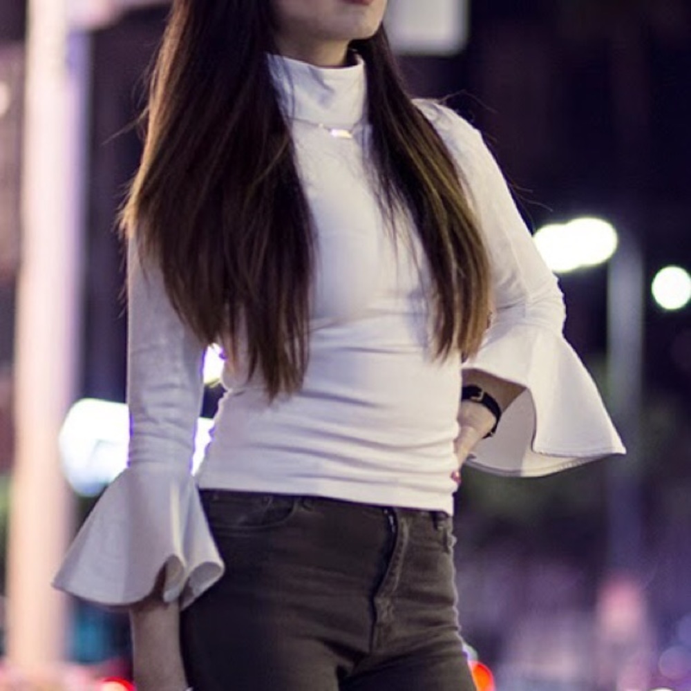 White Mock-Neck Ruffle Sleeve Top