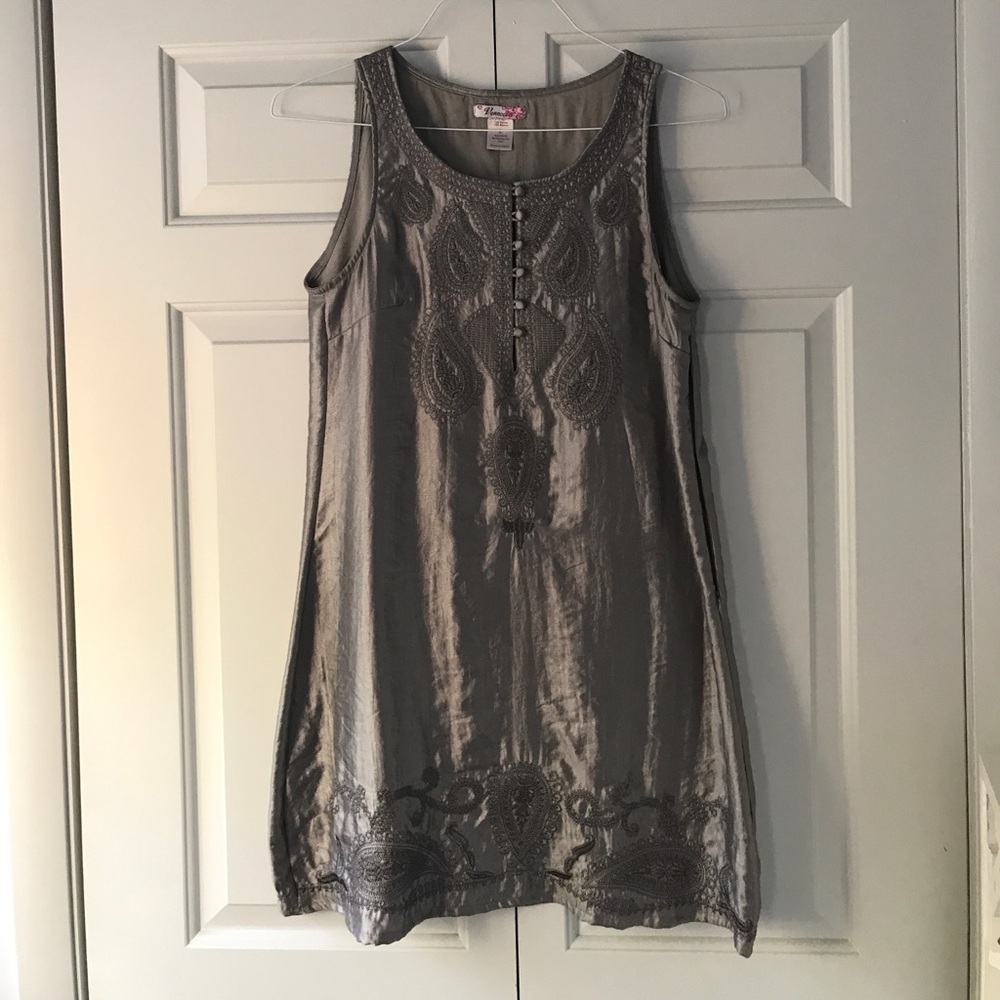 Embroidered; Silver (metallic) Mini Dress.