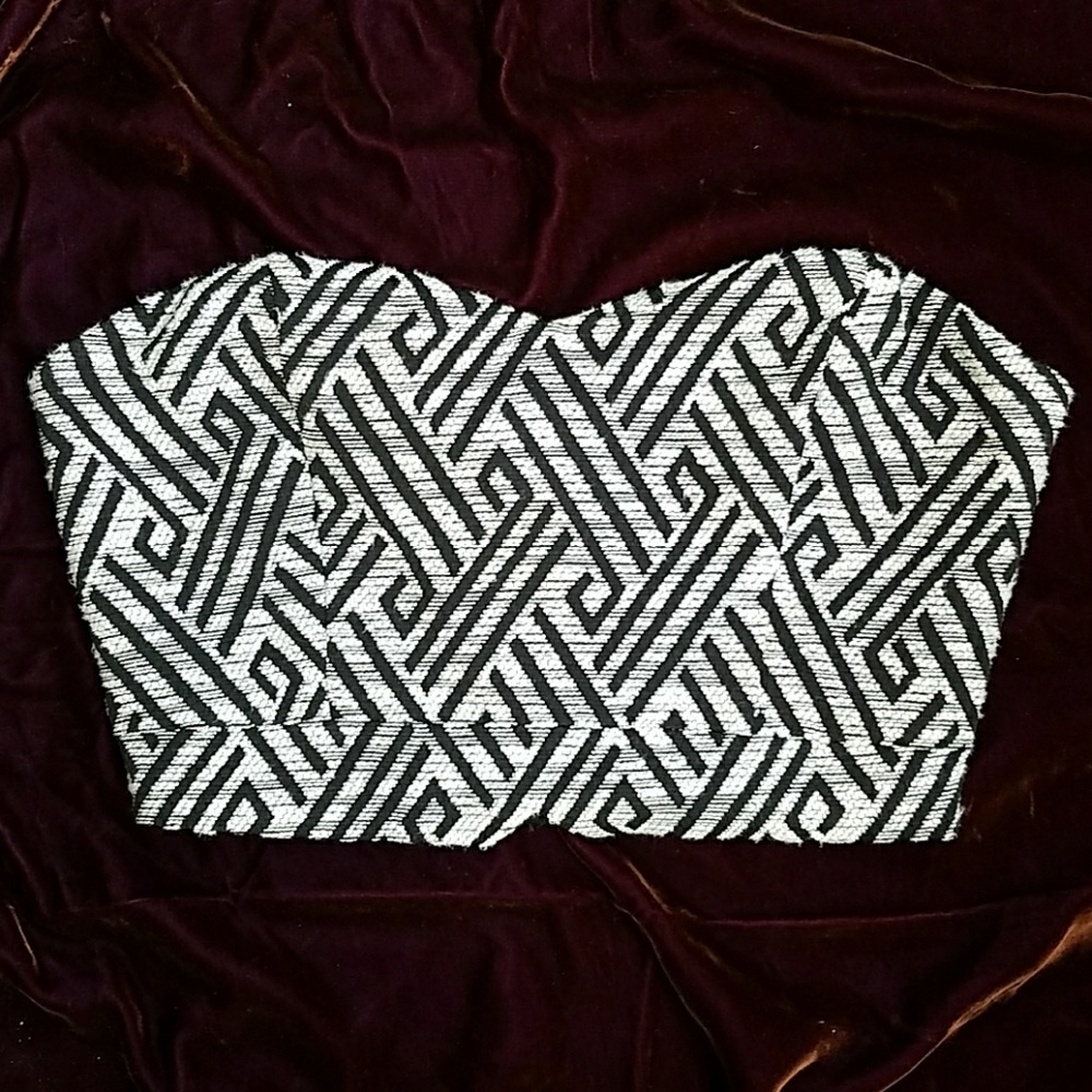 Lush strapless black cream geometric print top