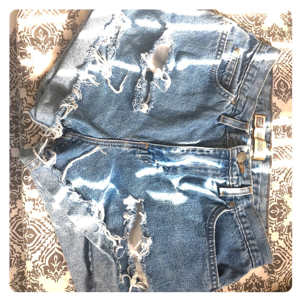 Hand distressed denim shorts