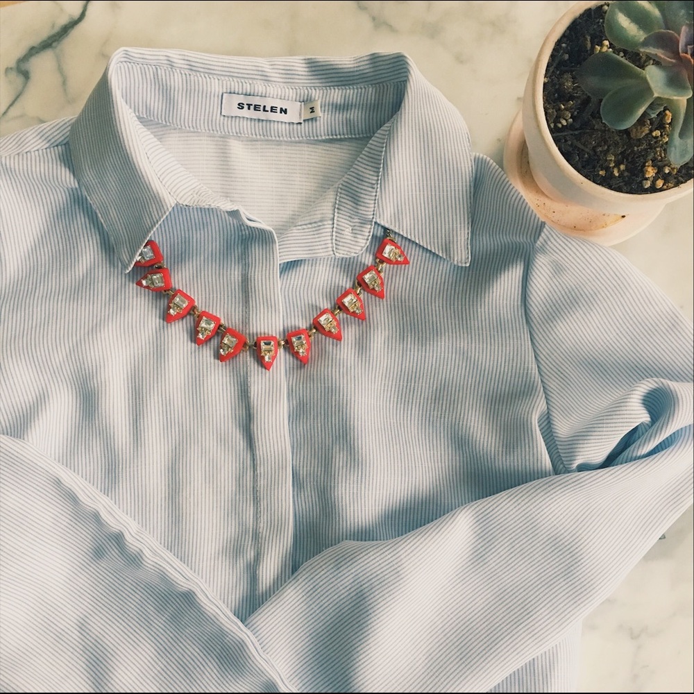 Blue striped cropped button down with bow back
