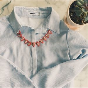 Blue striped cropped button down with bow back