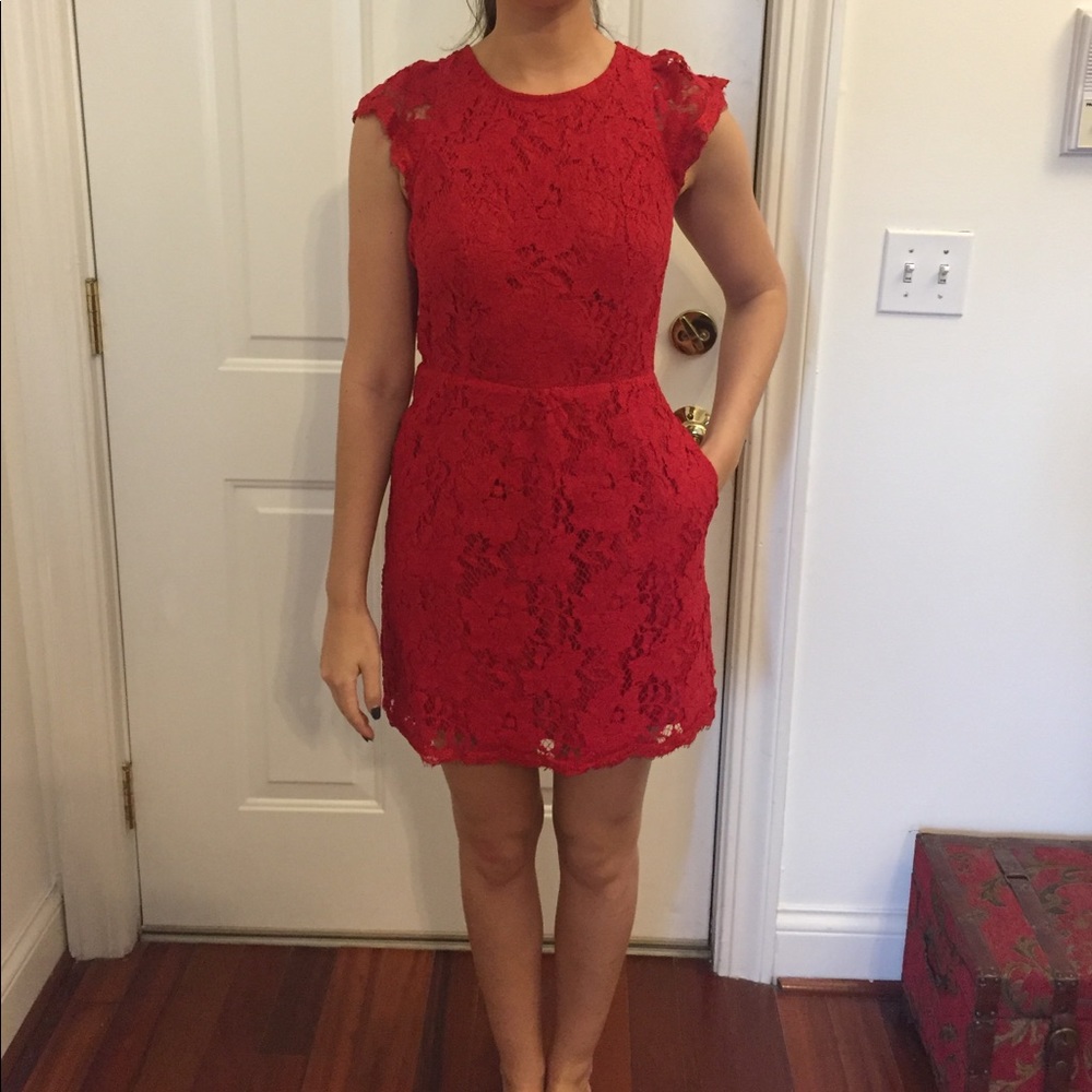 Pitaya Red Lace Dress (with pockets & open-back)