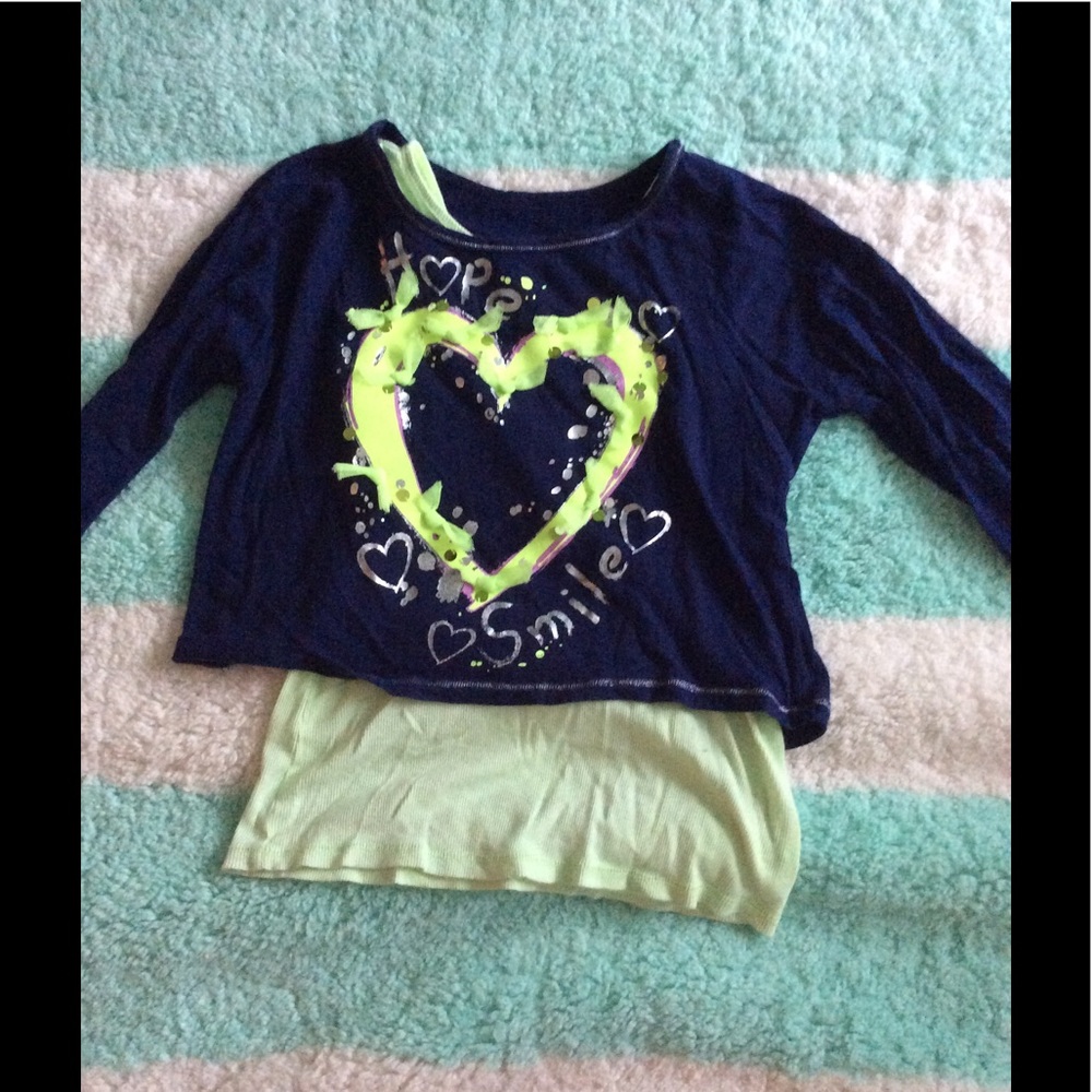 Navy blue and neon green long sleeve shirt.