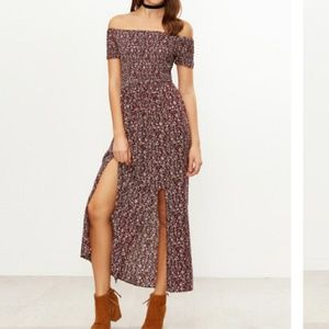 Shirred slit front calico print dress