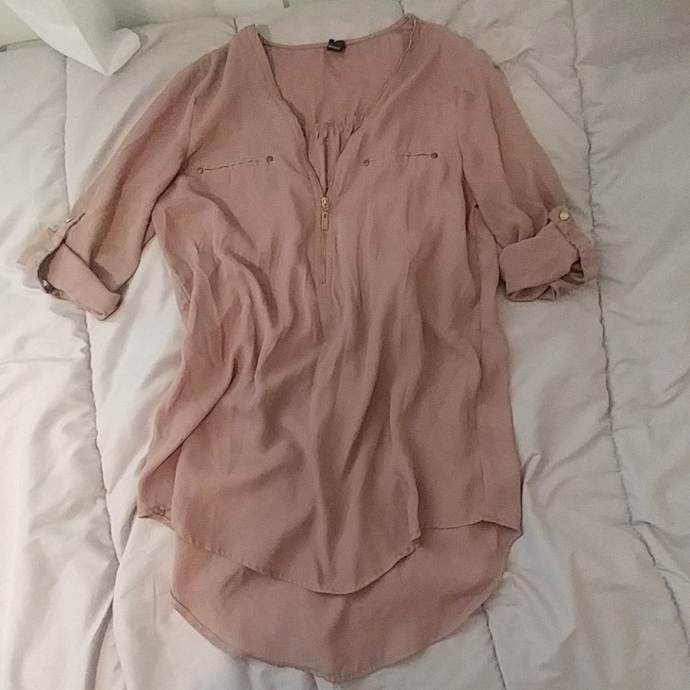 Brown and Gold Zip V-Neck 3/4 Sleeve Blouse