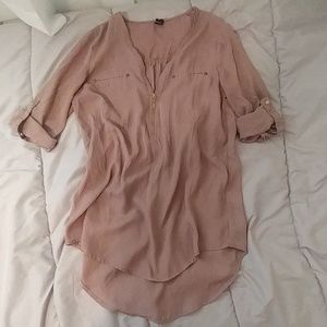 Brown and Gold Zip V-Neck 3/4 Sleeve Blouse