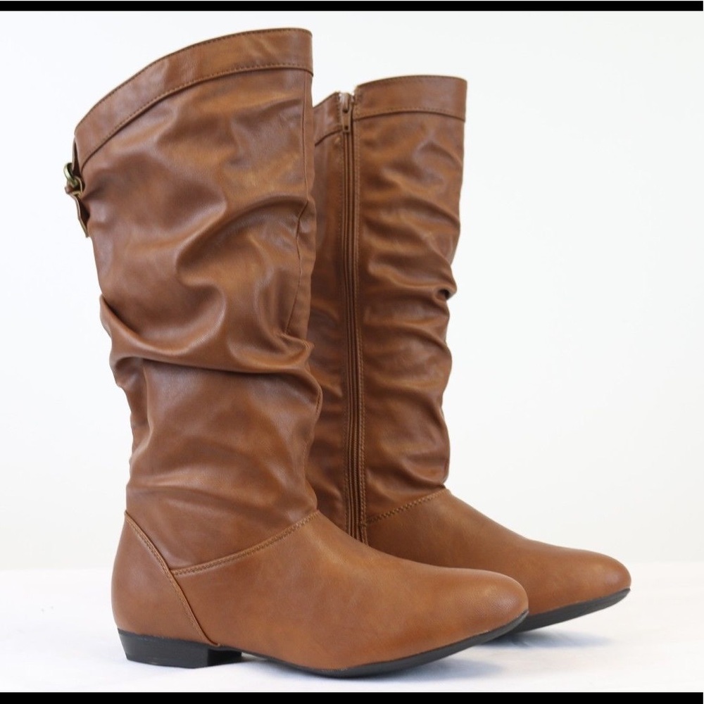 Women's Brown Slouchy Mid Calf Boots Zipper Buckle