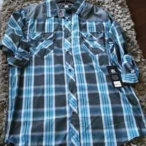 Rock & Republic Men's Long Sleeve Blue Plaid Shirt