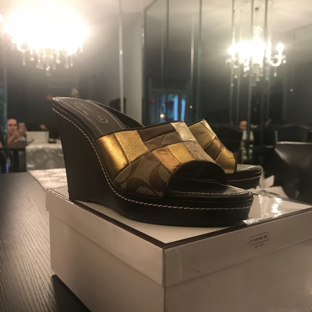 Coach gold and brown wedges
