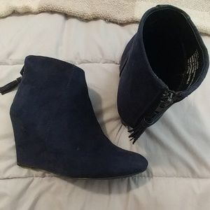 Navy Blue Wedge Bootie with Fringe Zipper