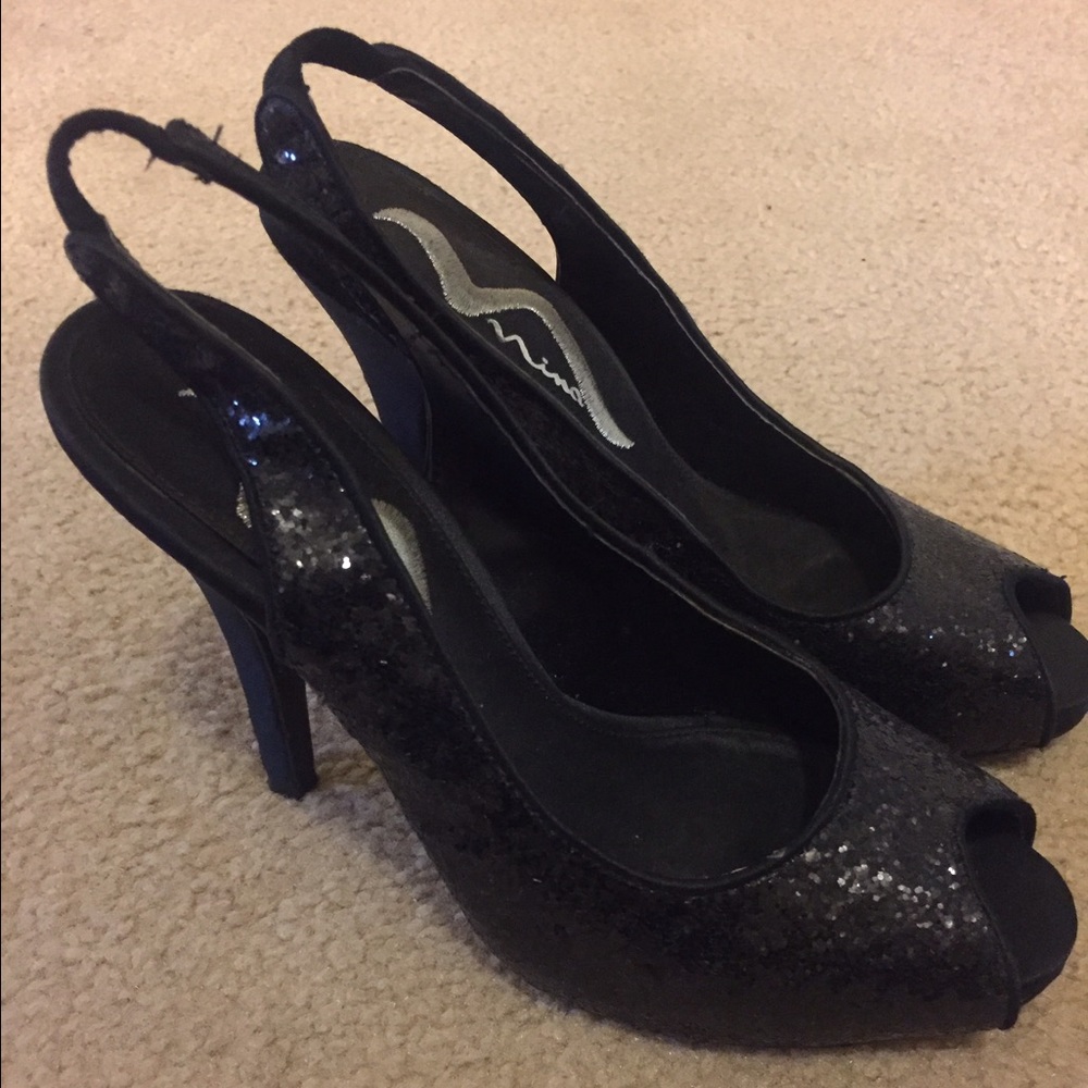 Black Nina Sequin Ankle Strap Peep Toe Heels