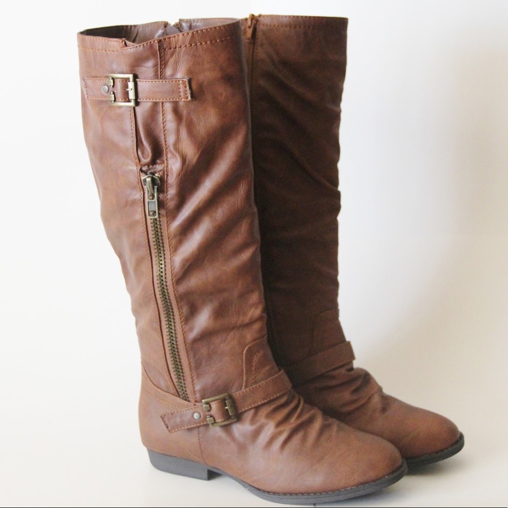 Brown Buckle Knee High Leather Cowboy Boots