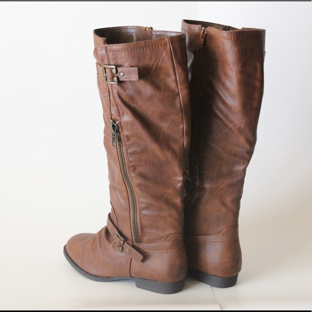 Brown Buckle Knee High Leather Cowboy Boots - Picture 2 of 3
