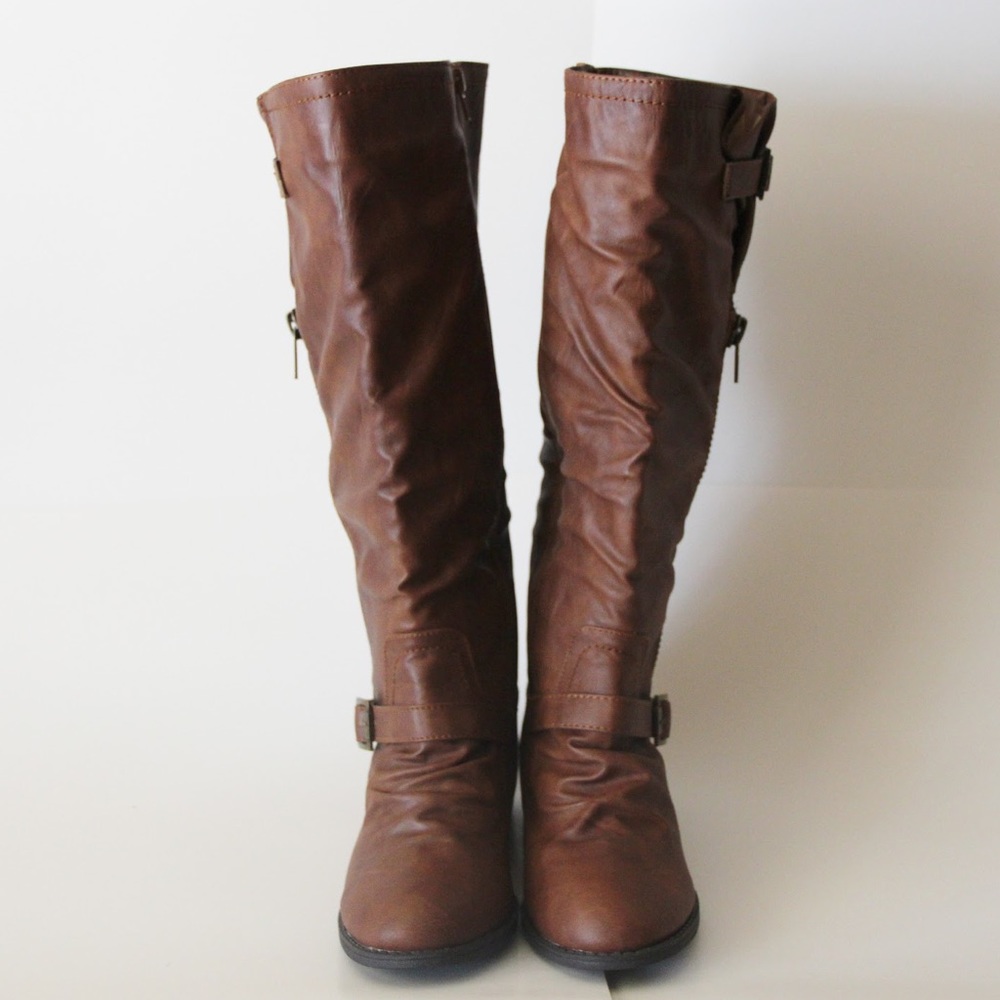 Brown Buckle Knee High Leather Cowboy Boots - Picture 3 of 3