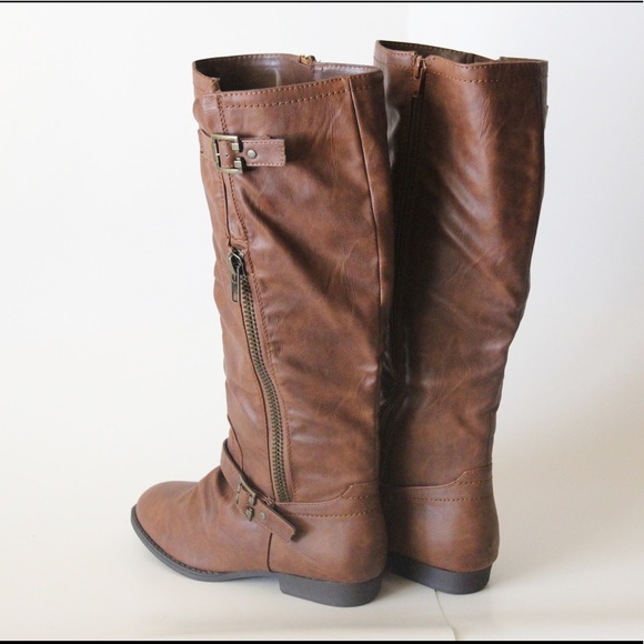 Brown Buckle Knee High Leather Cowboy Boots - Picture 2 of 3