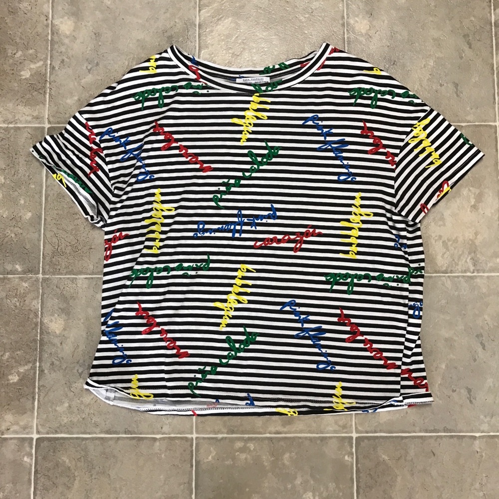 Zara Trafaluc Small Striped Words T-Shirt