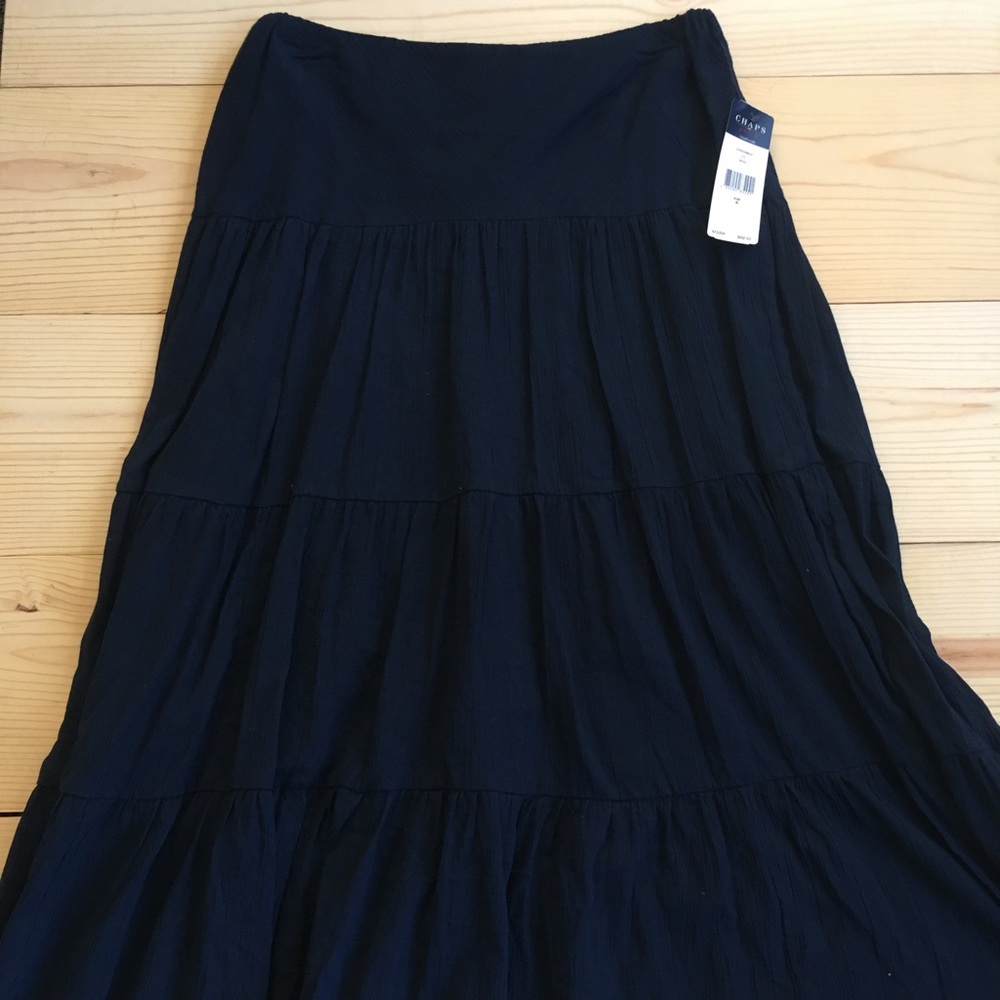 NWT. Full length Chaps Navy ruffled skirt.