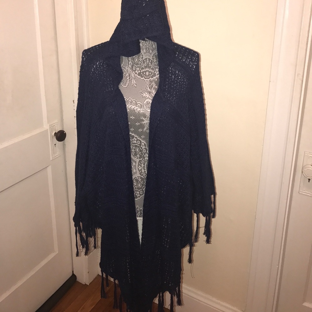Knitted navy blue shawl with hood. Never worn