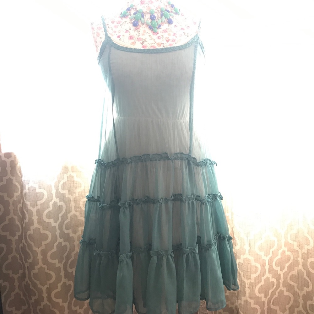 Áreve Teal Sheer Ruffle Dress