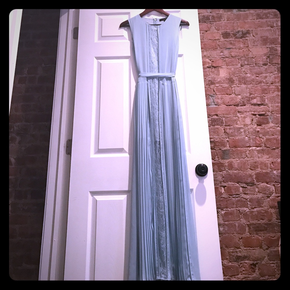 Long light blue, lace, pleated gown