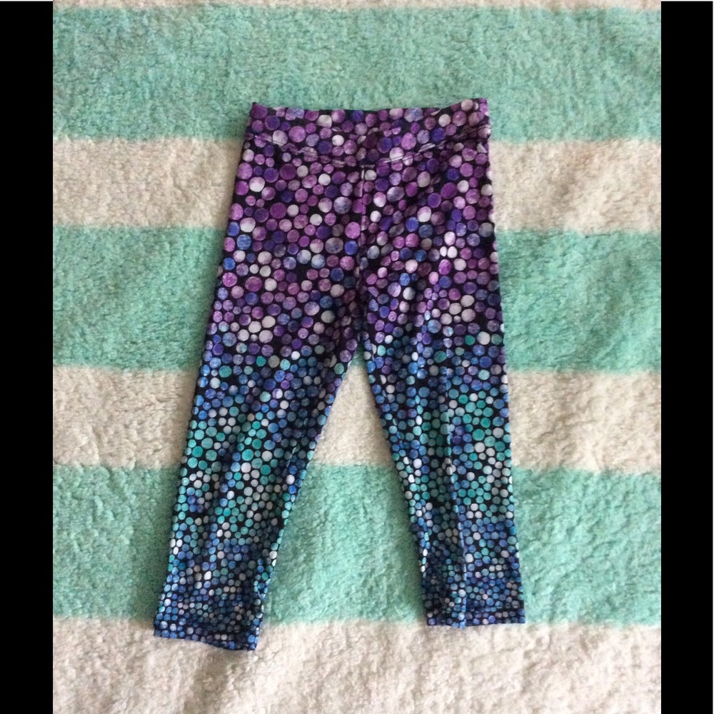 Black, purple, blue, white polkadot Capri leggings