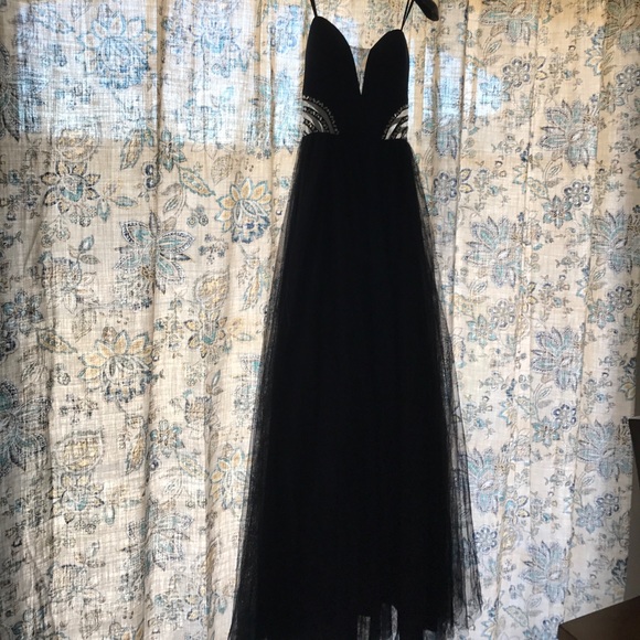 Dark Blue Formal Gown With Mesh Cutouts - Picture 2 of 5