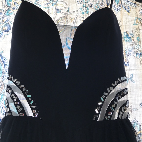 Dark Blue Formal Gown With Mesh Cutouts - Picture 3 of 5