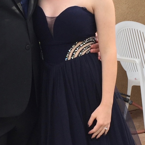 Dark Blue Formal Gown With Mesh Cutouts - Picture 5 of 5