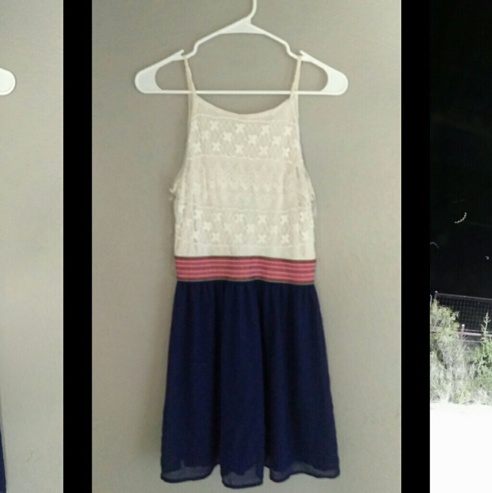Off white dress with pink stripe and blue skirting