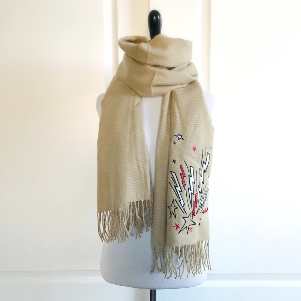 Cartoon Lightning & Star Print Camel Fringe Scarf