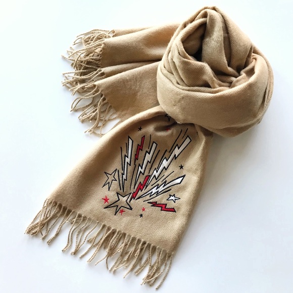 Cartoon Lightning & Star Print Camel Fringe Scarf - Picture 2 of 5