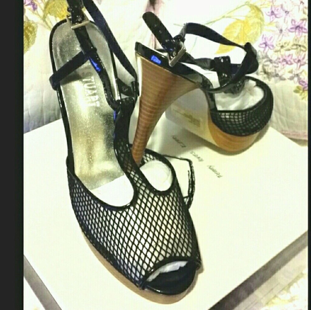 Colin Stuart Black Net Peep Toe High Heels