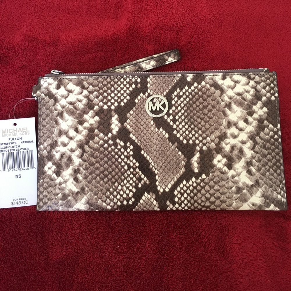 NWT Michael Kors Embossed Leather Large Zip Clutch
