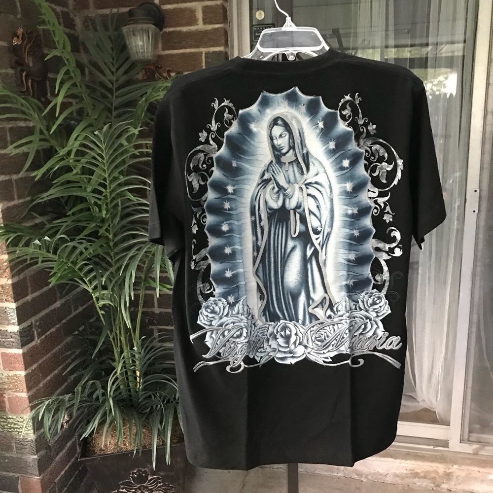 Virgin Mary/ Guadalupe blue and white on black tee
