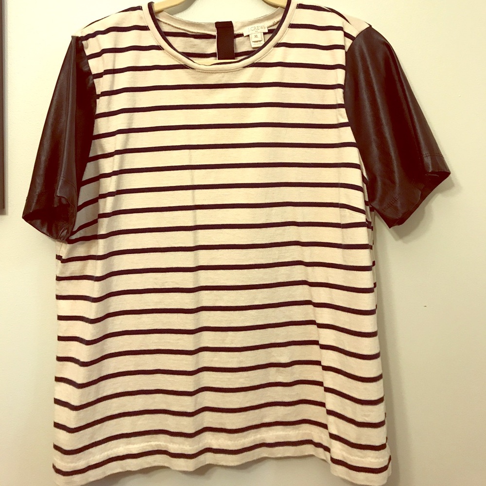Women’s J crew top with leather sleeves and zipper
