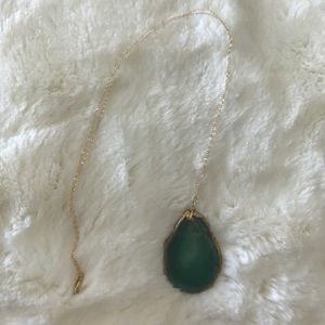 Gold and green stone necklace 15” chain stone 2”