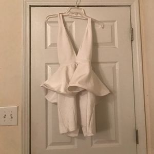 White Deep V backless peplum dress