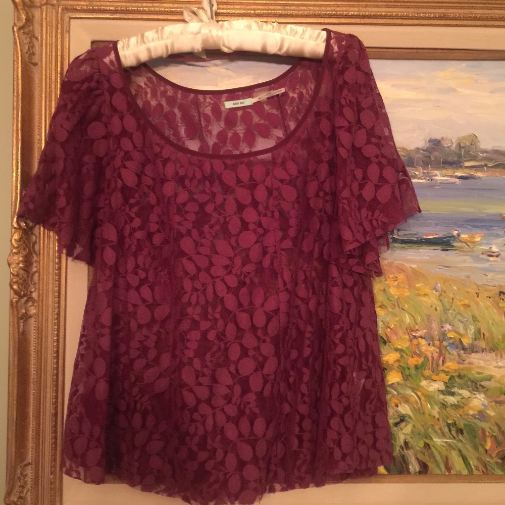 Kimchi Blue Maroon Leaf Print Lace Blouse