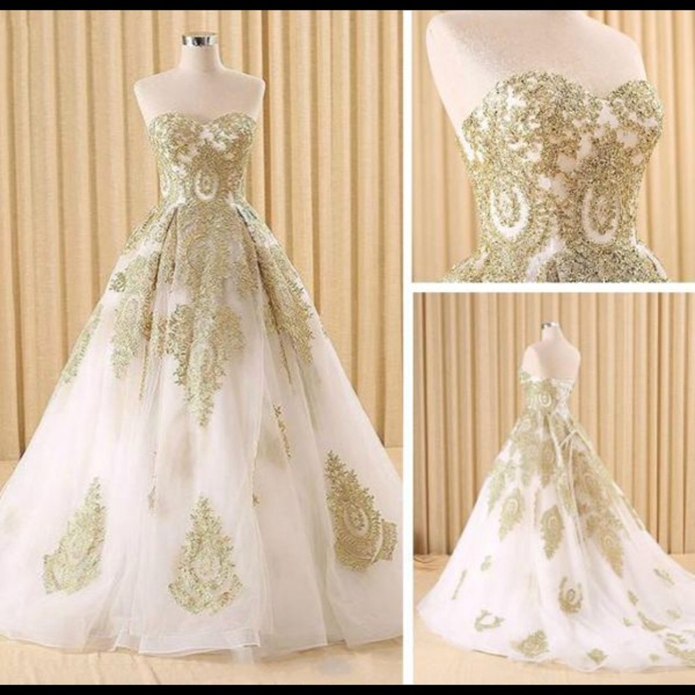 Gold with gold lace ball gown, A-line