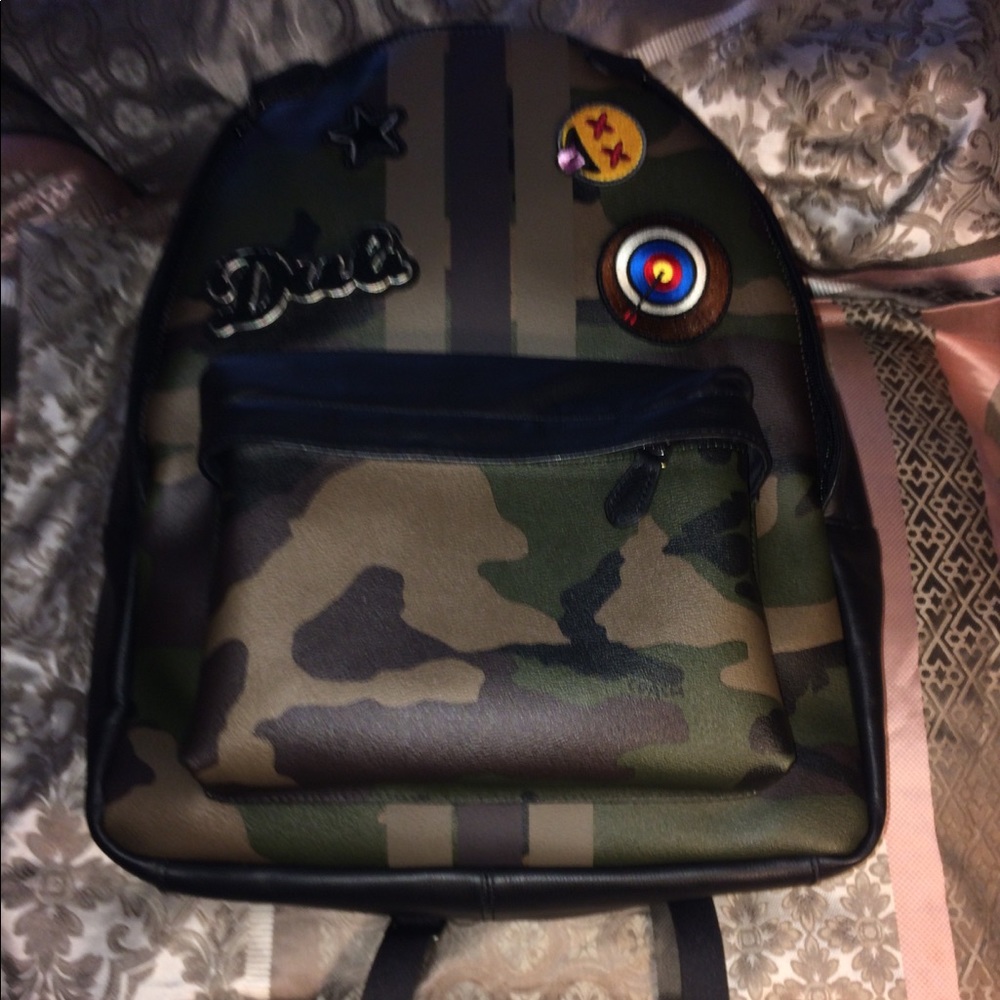 Camouflage Leather Varsity Patch Coach Backpack