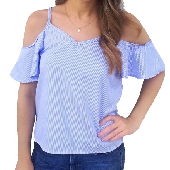 SALE • Pinstripe Cold Shoulder Flutter Sleeve Top - Picture 2 of 4