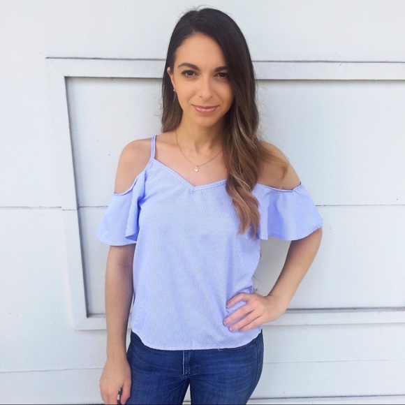 SALE • Pinstripe Cold Shoulder Flutter Sleeve Top - Picture 3 of 4